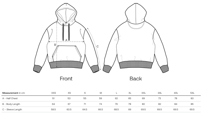 Måttlista med linjeteckning av en beige Lucky Bait Hoodie Natur, framifrån och bakifrån, med märkt bröstkorg, kroppslängd och ärmlängder. Storlekstabell i centimeter för XXS till 4XL visas nedan. Visas mot en stålblå bakgrund.