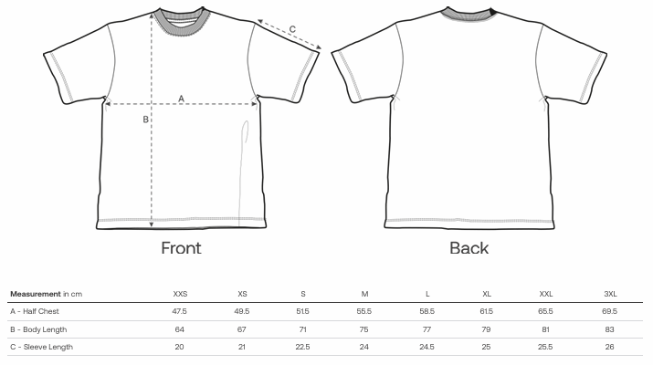 Måttlista med linjeteckningr av en beige "T-Shirt Svart" från Lucky Bait, fram- och bakifrån, visar måttlinjer för halv bröstvidd, kroppslängd och ärmlängd. En storlekstabell nedan visar dessa för storlekarna XXS till 3XL.